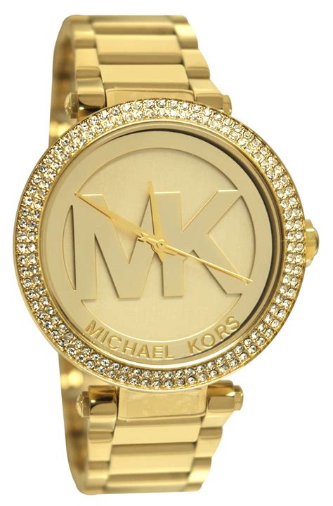 michael kors small mk logo watch gold for women|Michael Kors goldtone watch.